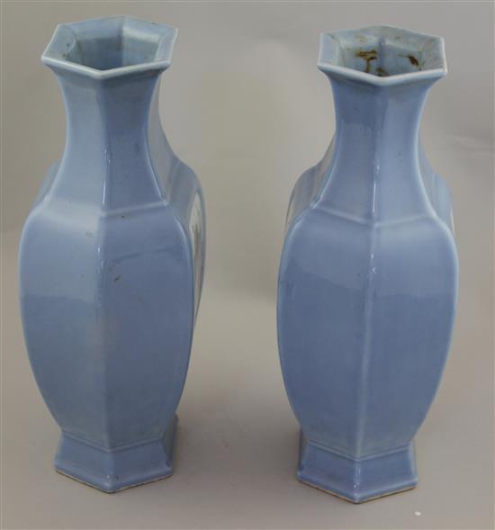 A pair of Chinese blue ground hexagonal baluster vases, Republic period, 30.5cm, bases drilled